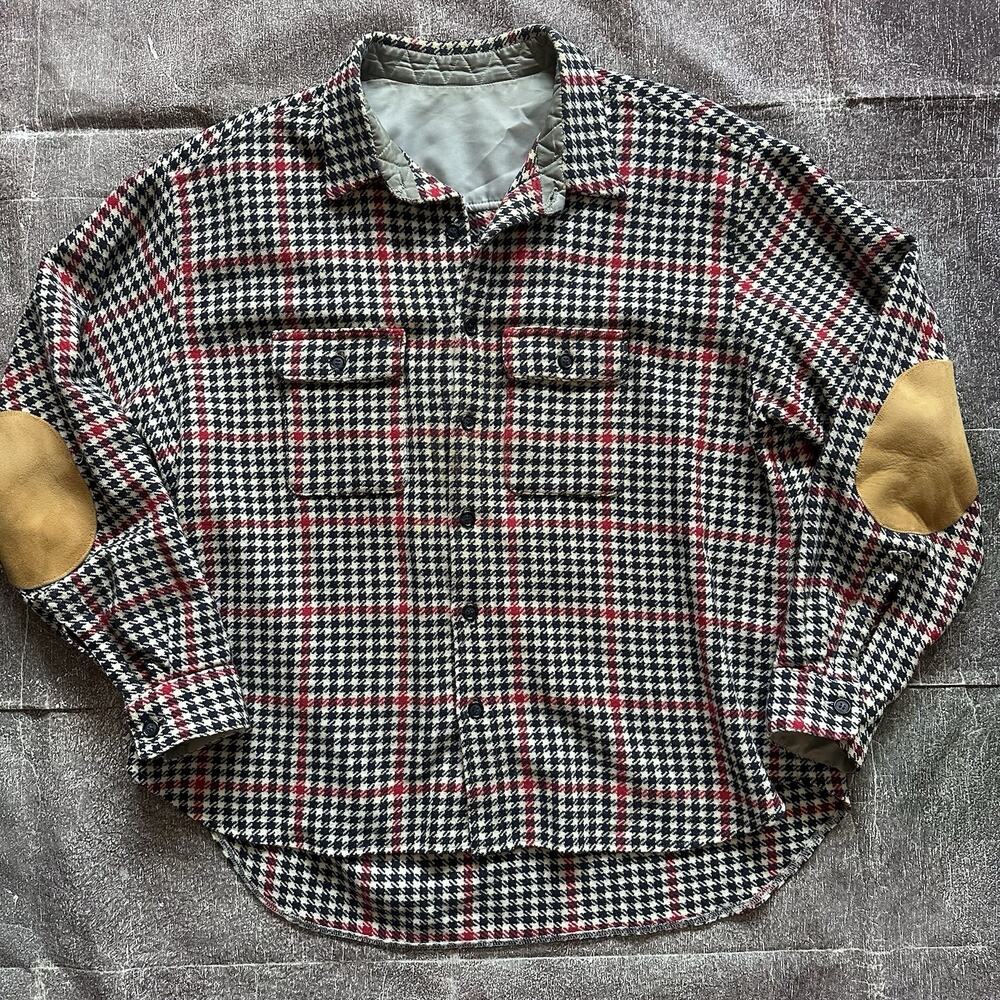 Men's Vintage 70's Houndstooth Red Navy Blue Elbow Patch Wool Shirt Jacket Sz XL